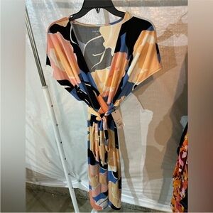 Nine West Orange and Blue Wrap Midi Dress